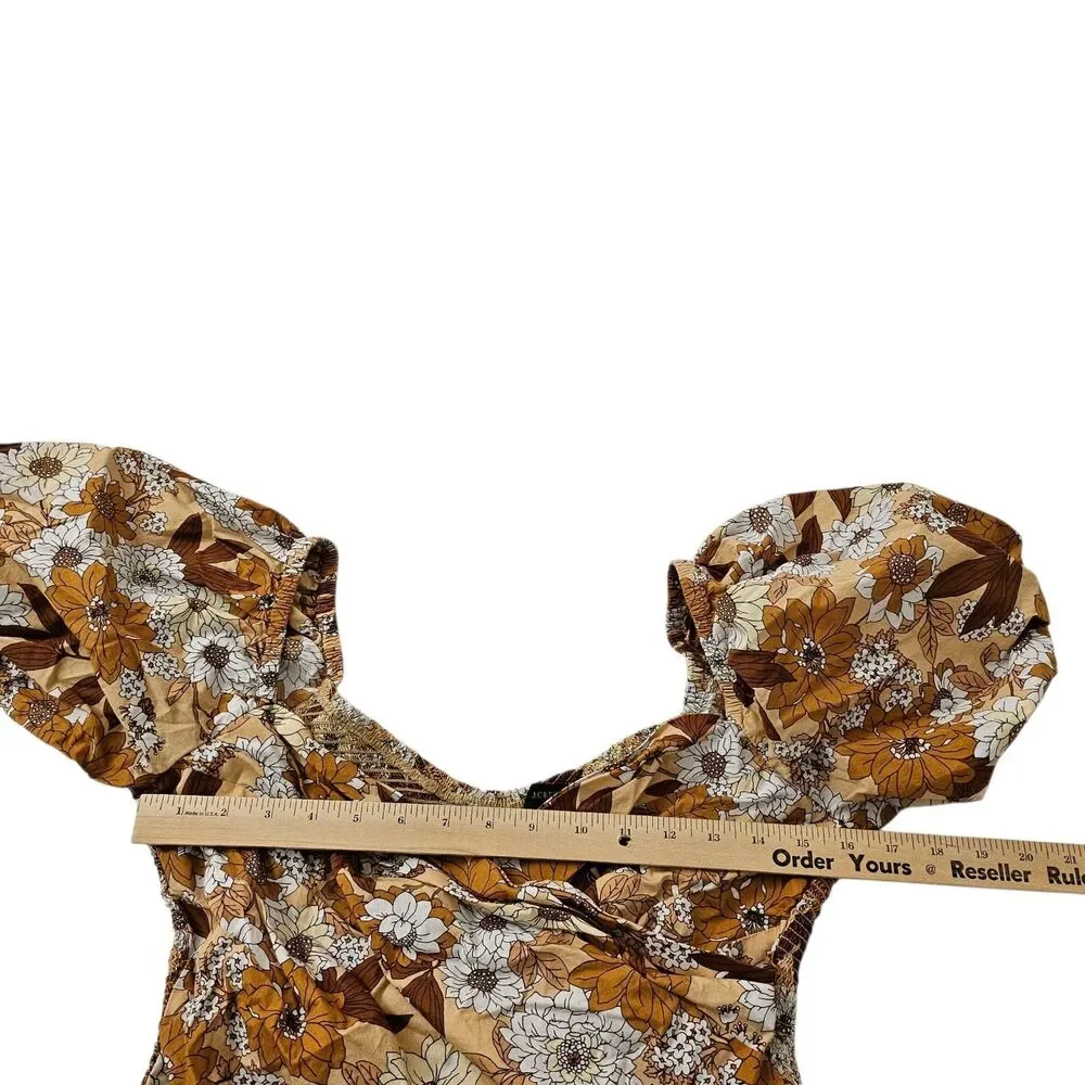 J. Crew Blouse Medium Brown Puff Short Sleeve Cotton Crop Top Zinnia Floral Boho